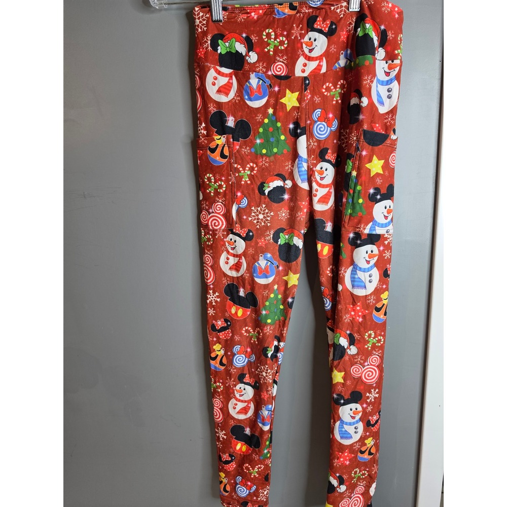 Christmas Mickey Minnie Snowman Pocket Leggings Red One Size